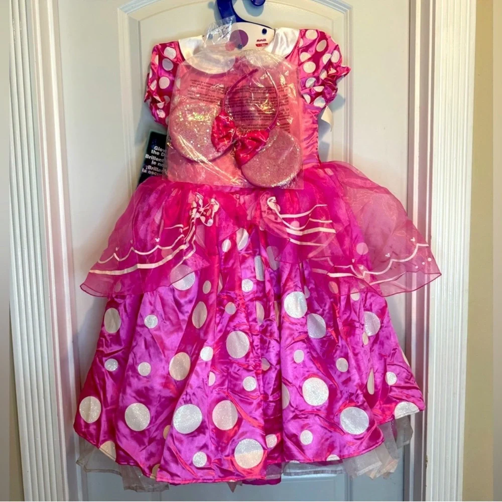 Disney Minnie Mouse Pink Dress Costume w/ ears, Glows in the Dark, Size 7/8.